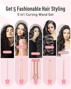 Waver Curling Iron Wand - BESTOPE PRO 5 in 1 Curling Wand Set with 3 Barrel Hair Crimper for Women Fast Heating Crimper Wand Curler in All Hair Type Women Gifts - Leather Pink