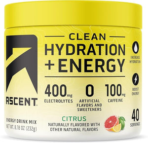 Ascent Clean Hydration + Energy Electrolytes Powder - 100mg Caffeine, 400mg Electrolytes, No Artificial Ingredients, Citrus 40 Servings