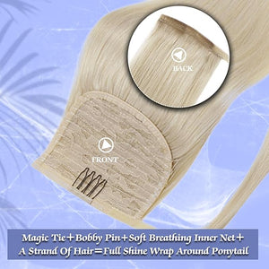 Full Shine Human Hair Ponytail Extension Platinum Blonde Ponytail Extension Blonde Human Hair Straight Remy For Women 70 Grams 14 Inch