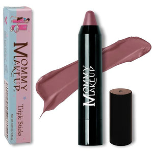 Mommy Makeup Triple Sticks Lipstick, Cream Blush &amp; Treatment All-In-One with Shea &amp; Cocoa Butter - Soft &amp; Creamy Moisturizing Lip Crayon For Lips &amp; Cheeks (Toasted Berry)