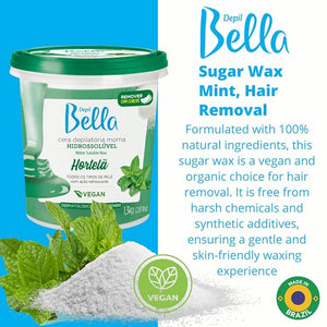 Depil Bella Brazilian Paste Full Body Sugar Wax Mint | Hair Removal for Professional or Personal Use | 100% Natural, Vegan, Organic | For All Skin Types | 2.87lbs