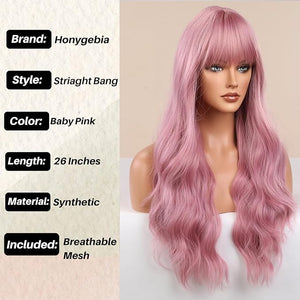 Honygebia Light Pink Wig Bangs - Baby Pink Wigs for Women Long Wavy Coral Pink Heat Resistant Hair Natural Looking Bright Synthetic - Best Wigs for Halloween/Christmas/Cosplay/Party