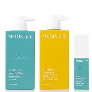 MEDIX Anti Aging Skin Care 3PC Set | Exfoliating AHA Glycolic Acid Foaming Face &amp Body Wash + Vitamin C Body Cream + 10% AHA Exfoliating Serum For KP Bumps 3pc Skincare Set