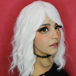 Wig with Bangs for Women: Short Wavy Curly White Wig 14 Inch Shoulder Length Perfect for Parties &amp Cosplay