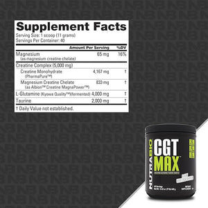 NutraBio CGT-MAX Powder- Creatine Glutamine and Taurine to Support Muscle Recovery and Strength - 40 Servings - Unflavored