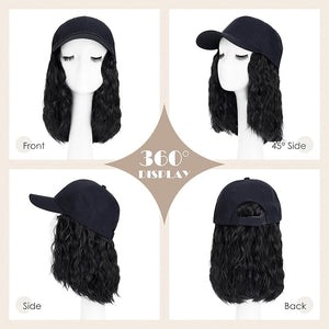 S-noilite Hat Wig for Women Baseball Cap Wig with BOB Hair Attached Adjustable Hat Wigs Short Wave Synthetic Hair Extensions 8 inch Black Brown