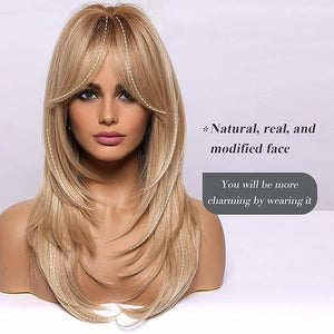 HAIRCUBE Long Layered Synthetic Hair Wigs for Women with Bang (Mixed Light Blonde)