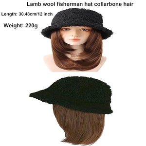 Women Winter Lambs Wool Bucket Cap with wig Fisherman's cap wig sun visor cap fake straight hair Beanie hat Wig