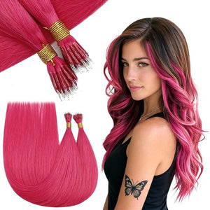 RUNATURE Nano Extensions Human Hair Hot Pink Hair Extensions Real Human Hair 14 Inch Remy Nano Tip Hair Extensions Straight Nano Ring Hair Extension 50g 50s