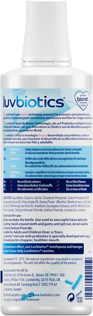 Luv Biotics Mouthwash with Oral Probiotics, Xylitol &amp; Aloe Vera - 3 x 500ml