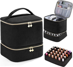 Corduroy Nail Polish Organizer and Nail Lamp Case, Nail Kit Organizer Holds 30 Bottles (15ml - 0.5 fl.oz) and a Nail Lamp, Nail Polish Carrying Case with Manicure Tools Storage Sections (Black)