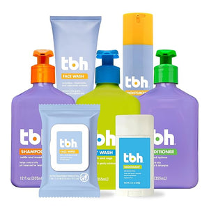 TBH Kids Teen Hygiene Starter Kit- Shampoo, Conditioner, Body Wash, Face Wipes, Face Wash, Moisturizer, and Deodorant for Kids - 7 in 1 Kit for all Your Tweens Needs