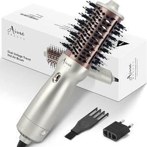 Aima Beauty 4 in 1 Worldwide Travel Hot Air Brush Dual Voltage Blowout Brush Oval Shape 110V-120V/220V-240V Straightener Blow Dryer Brush Ionic Lock Moisture Gift 360¡Æ Swivel Cord Champagne Silver