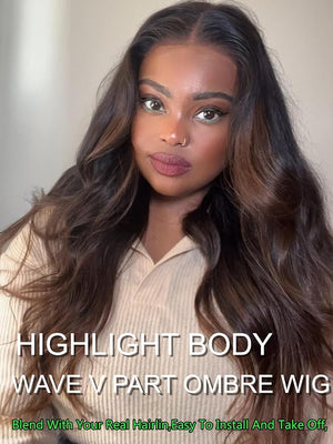 YIROO V Part Wig Human Hair Highlight Chestnut Brown Ombre Body Wave Human Hair Wig No Leave Out 12A Glueless Upgrade U Part Wigs Clip in Half Wig No Glue No Sew Beginner Friendly 150% Density 26inch