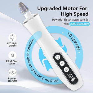 Electric Nail File Drill Cordless 2000 mAh Rechargeable Nail Filer Electric Portable Nail Dril 10 Speeds Professional Machine Drill for Nails Acrylic Manicure and Thick Toenails Grinder (White)
