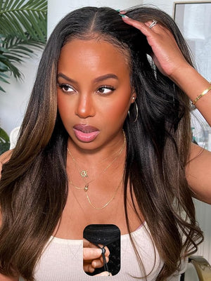Julia Hair V Part Yaki Glueless Human Hair Wig Seamless Edge Clip in Half Wig Vpart Wigs No Sew in No Glue Ombre Chestnut Brown Upgrade U Part No Leave Out Beginner Friendly 20 Inch