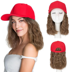 SEGO Baseball Cap with Hair Extensions for Women Heat Resistant Synthetic 8 Inch Adjustable Long Wavy Hairpiece Replacement Wigs in Red Hat for GirlsP10R