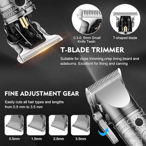 Professional Hair Clippers for MenHair Clippers+T-Blade Trimmer+Electric Shaver+Nose Hair Trimmer Set4 in 1 Cordless Barber Hair Cutting Kit LCD Display Gifts (Gray)