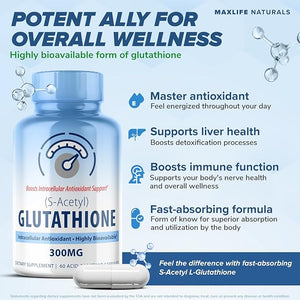 S-Acetyl L-Glutathione 300mg ? 60 Acid-Resistant Capsules High Bioavailability S Acetyl Glutathione Supplements for Liver &amp Skin Health Supplement Antioxidant Support Capsules