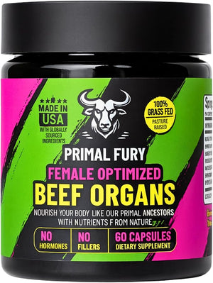PRIMAL FURY Grass Fed Beef Organ Supplement for Women - Female Optimization Pills to Boost Energy &amp Balance Hormones - Ancestral Support for Modern Life Made in USA 60 Capsules