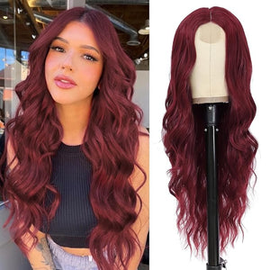 NAYOO Long Wine Red Wavy Wig for Women 26 Inch Middle Part Curly Wavy Wig Natural Looking Synthetic Heat Resistant Fiber for Use (Wine Red)