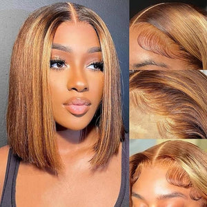 4/27 Honey Blonde 13x4 Bob Wig Human Hair 180% Density HD Transparent Lace Front Wigs Human Hair Short Bob Pre Plucked Straight Wigs Human Hair for Women 12 Inch
