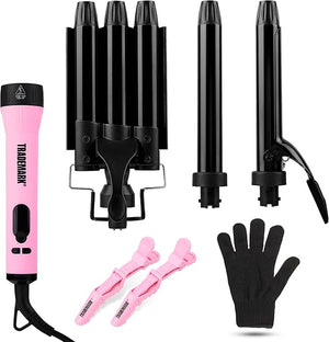 Trademark Beauty Interchangeable Iron Styling Kit - 3 in 1 Curling Iron Hair Waver and Curling Wand Hair Styling Tool 1 Inch Barrels Mood - Pink/Black
