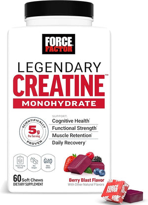 FORCE FACTOR Legendary Creatine Chews 5g Creatine Monohydrate Build Muscle Improve Strength &amp Recovery Support Memory &amp Cognitive Function Sugar Free Berry Blast 60 Soft Chews