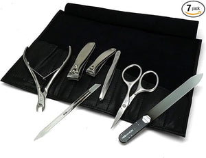 GERMANIKURE 7pc Manicure Set in Black Leather Case - FINOX Stainless Steel Tools Made in Germany, Glass Nail Care Supplies Made in Czech Republic ? Professional Cuticle and Nail Care Kit