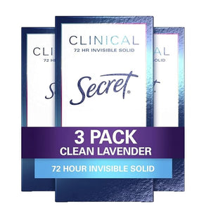 Secret Clinical Strength Antiperspirant Deodorant for Women, 3X Stress Protection, 72hr Sweat &amp; Odor Protection, PH Balancing Minerals, lnvisible Solid, Clean Lavender Scent, 1.6 oz (Pack of 3)