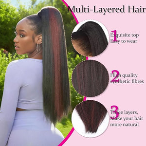 Drawstring Ponytail Extension for Women 30 Inch Long Yaki Straight Pony Tails Hair Hairpiece Clip in Extensions Natural Looking Soft Synthetic Drawstring Ponytail for Black Women Black Ombre Red