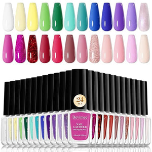 Nail Polish Set Quick Dry-24Pcs Regular Fingernail Polish Bulk White Nude Pink Red Green Blue Long Lasting French Nail Art DIY Home Gift Set for Women