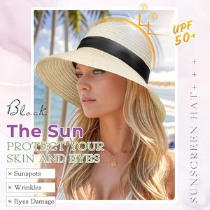 Sun Hat Straw Hat Wig Detachable Adjustable Cap with 12 Inch Synthetic Wavy Hair Extensions Foldable for Women Summer Beach Outdoors Dark Black