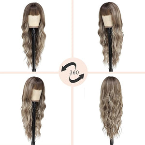 NAYOO Brown Wigs with Bangs for Women Long Curly Wavy Hair Wigs Heat Resistant Synthetic Fiber Wigs for Daily Party Use 26 Inches (Medium Brown Mixed Blonde)