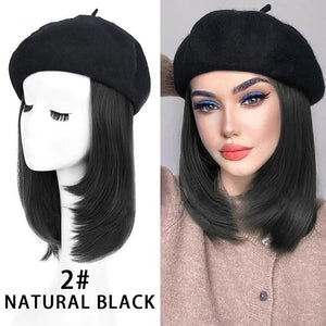 Women Beret Hat Wig with Hair Extensions Classic French Wool Beanie Hat Straight Short Wig Bob Synthetic Hairpiece