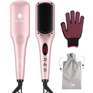 Enhanced Hair Straightener Heat Brush by MiroPure 2-in-1 Ceramic Ionic Straightening Brush Hot Comb with Anti-Scald Feature Auto Temperature Lock &amp Auto-Off Function (Pink) 4 Piece Set