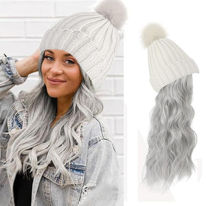 Women Winter Beanie Hat with Wig Big Wavy Curly Hair Extensions Knit ski Snow Cap Attached Party Daily Weddings Wig