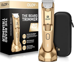 Men's Beard Trimmer- All-in-One Trimmer with Precision Dial - Premium Facial Hair Groomer - Adjustable 20 Length Setting USB Recharge Dock Cordless Waterproof Wet/Dry Clipper Gold