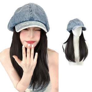Women's wig hat wig denim beret wig straight hair Baseball cap wig for girl Christmas Halloween Daily Party Use