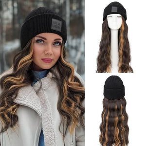 S-noilite Beanie Wig Hair Extensions18 Inch Long Wavy Hair Extensions with Knitted Hat Hairpieces for Women Winter Medium Brown with Dark Blonde