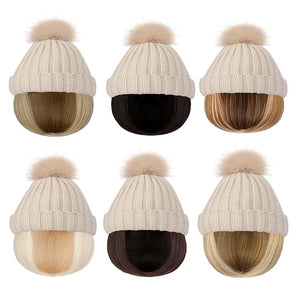 Women Caps with Hair Knit Beanie Cap with Extensions Short Straight Hairstyle Hat Wigs Winter Knitted hat bob Wig