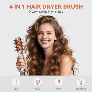 Travel Hair Dryer Brush Dual Voltage 100?240V 4-in-1 Hot Air Brush with 3 Heat &amp 2 Speed Settings for Drying Straightening Curling &amp Volumizing Mini Ionic Thermal Blow Dryer Brush for Wome