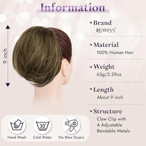RUWISS Claw Clip Short Human Hair Ponytail Extension with Bendable Metals for DIY Styles Straight Messy Bun Hair Piece for Women Thick Hairpieces for Daily Wear 9 Inch Brown Mixed