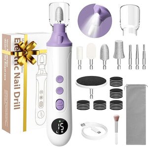 Professional Manicure Pedicure Electric Toenail Grinder Kit - Cordless Electric Nail File Set for Thick Nails Hand Feet Care 15 SpeedNail Drill with LED Display Ideal Gift for Men and Women-Purple