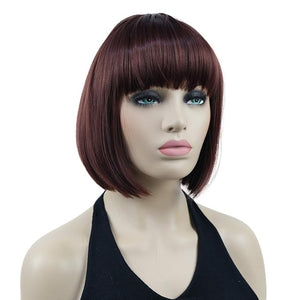 Lydell 8 Straight Short Bob Hair Flat Bangs Cute Central Dot Skin Top Heat Resistant Synthetic Wigs (33A Dark Auburn)