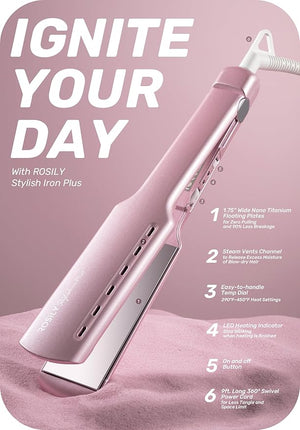 ROSILY Nano Titanium Flat Iron | 1.75 Inch Wide Hair Straightener Dual Voltage 100-240V Adjustable Temperature Suitable for All Hair Type Instant Heat Up