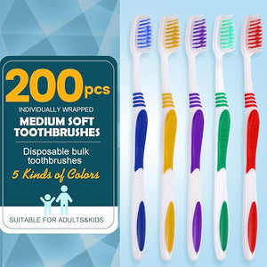 Navona 200 PCS Premium Individually Wrapped Bulk Toothbrush Pack Disposable Toothbrushes Kids Toothbrush Medium Soft Bristle Toothbrushes Ergonomics Handle Perfect for Travel Hotel Donation
