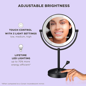 Conair Lighted Makeup Mirror Double-Sided LED Vanity Mirror with 1X/10X Magnification 3 Light Settings 3 Modes 360¡Æ Rotation Matte Black Finish