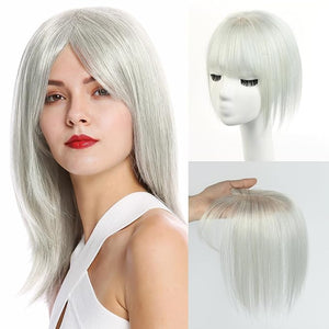 Hair Toppers for Women Real Human Hair 10Inch Clip in Bangs Black Mixed with White Human Hair Toppers(A02# 10Inch)