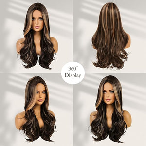Haoland Brown Blonde Highlight Wigs for Women 26 Inch Long Curly Synthetic Wigs Middle Part Blonde Highlights Hair Wigs Loose Wavy wig Heat Resistant